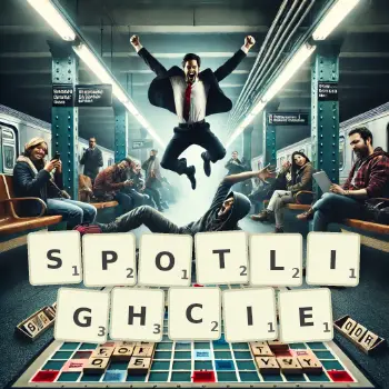 Kreatywna ilustracja do gry w Scrabble ze słowem SPOTLIGHCIE ułożonym z płytek na planszy.