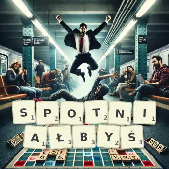 Kreatywna ilustracja do gry w Scrabble ze słowem SPOTNIAŁBYŚ ułożonym z płytek na planszy.