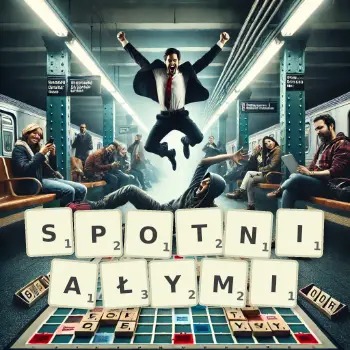 Kreatywna ilustracja do gry w Scrabble ze słowem SPOTNIAŁYMI ułożonym z płytek na planszy.