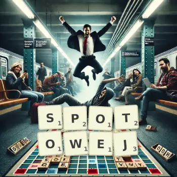 Kreatywna ilustracja do gry w Scrabble ze słowem SPOTOWEJ ułożonym z płytek na planszy.