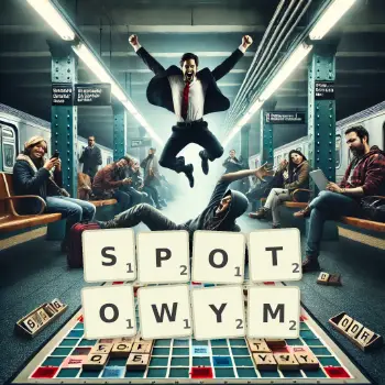 Kreatywna ilustracja do gry w Scrabble ze słowem SPOTOWYM ułożonym z płytek na planszy.