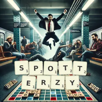 Kreatywna ilustracja do gry w Scrabble ze słowem SPOTTERZY ułożonym z płytek na planszy.
