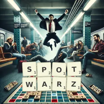 Kreatywna ilustracja do gry w Scrabble ze słowem SPOTWARZ ułożonym z płytek na planszy.