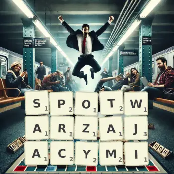 Kreatywna ilustracja do gry w Scrabble ze słowem SPOTWARZAJACYMI ułożonym z płytek na planszy.