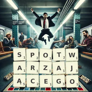 Kreatywna ilustracja do gry w Scrabble ze słowem SPOTWARZAJĄCEGO ułożonym z płytek na planszy.