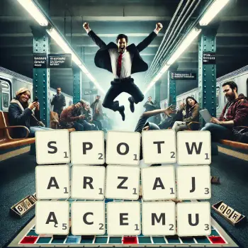 Kreatywna ilustracja do gry w Scrabble ze słowem SPOTWARZAJĄCEMU ułożonym z płytek na planszy.