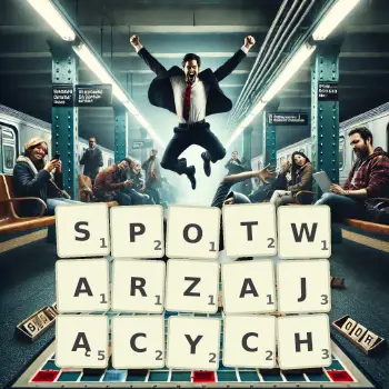 Kreatywna ilustracja do gry w Scrabble ze słowem SPOTWARZAJĄCYCH ułożonym z płytek na planszy.