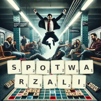 Kreatywna ilustracja do gry w Scrabble ze słowem SPOTWARZALI ułożonym z płytek na planszy.