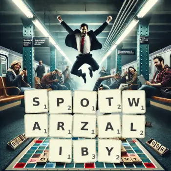 Kreatywna ilustracja do gry w Scrabble ze słowem SPOTWARZALIBY ułożonym z płytek na planszy.