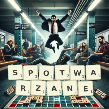 Kreatywna ilustracja do gry w Scrabble ze słowem SPOTWARZANE ułożonym z płytek na planszy.