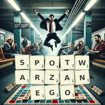 Kreatywna ilustracja do gry w Scrabble ze słowem SPOTWARZANEGO ułożonym z płytek na planszy.