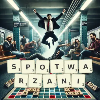 Kreatywna ilustracja do gry w Scrabble ze słowem SPOTWARZANI ułożonym z płytek na planszy.