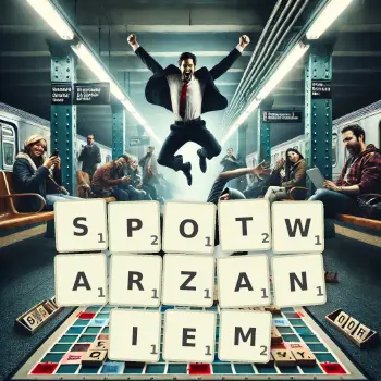 Kreatywna ilustracja do gry w Scrabble ze słowem SPOTWARZANIEM ułożonym z płytek na planszy.