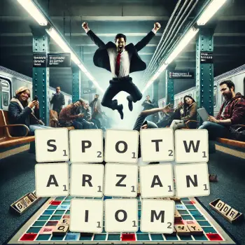 Kreatywna ilustracja do gry w Scrabble ze słowem SPOTWARZANIOM ułożonym z płytek na planszy.