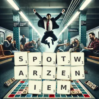 Kreatywna ilustracja do gry w Scrabble ze słowem SPOTWARZENIEM ułożonym z płytek na planszy.