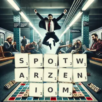 Kreatywna ilustracja do gry w Scrabble ze słowem SPOTWARZENIOM ułożonym z płytek na planszy.