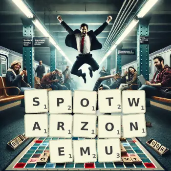 Kreatywna ilustracja do gry w Scrabble ze słowem SPOTWARZONEMU ułożonym z płytek na planszy.