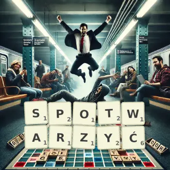 Kreatywna ilustracja do gry w Scrabble ze słowem SPOTWARZYĆ ułożonym z płytek na planszy.