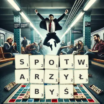 Kreatywna ilustracja do gry w Scrabble ze słowem SPOTWARZYŁBYŚ ułożonym z płytek na planszy.