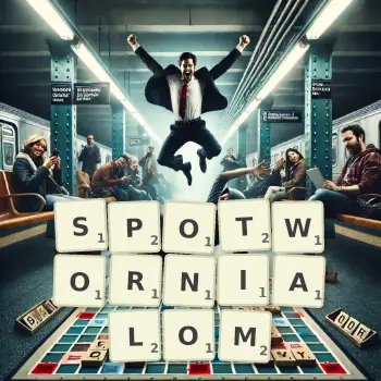 Kreatywna ilustracja do gry w Scrabble ze słowem SPOTWORNIALOM ułożonym z płytek na planszy.