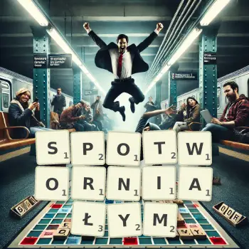 Kreatywna ilustracja do gry w Scrabble ze słowem SPOTWORNIAŁYM ułożonym z płytek na planszy.