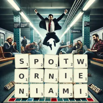 Kreatywna ilustracja do gry w Scrabble ze słowem SPOTWORNIENIAMI ułożonym z płytek na planszy.