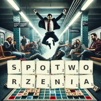 Kreatywna ilustracja do gry w Scrabble ze słowem SPOTWORZENIA ułożonym z płytek na planszy.
