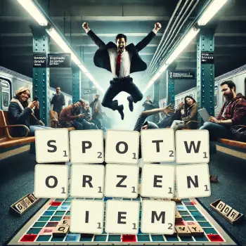 Kreatywna ilustracja do gry w Scrabble ze słowem SPOTWORZENIEM ułożonym z płytek na planszy.