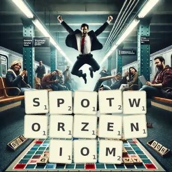 Kreatywna ilustracja do gry w Scrabble ze słowem SPOTWORZENIOM ułożonym z płytek na planszy.