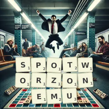 Kreatywna ilustracja do gry w Scrabble ze słowem SPOTWORZONEMU ułożonym z płytek na planszy.