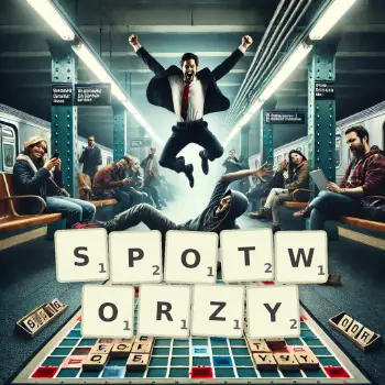 Kreatywna ilustracja do gry w Scrabble ze słowem SPOTWORZY ułożonym z płytek na planszy.