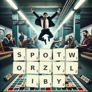 Kreatywna ilustracja do gry w Scrabble ze słowem SPOTWORZYLIBY ułożonym z płytek na planszy.