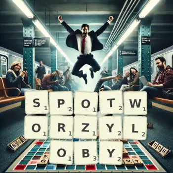 Kreatywna ilustracja do gry w Scrabble ze słowem SPOTWORZYLOBY ułożonym z płytek na planszy.