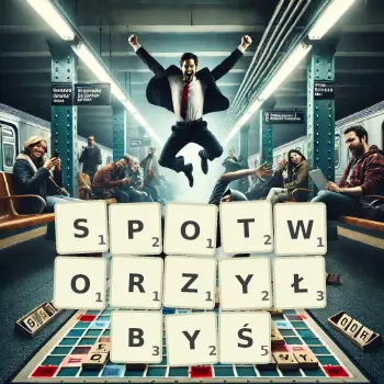 Kreatywna ilustracja do gry w Scrabble ze słowem SPOTWORZYŁBYŚ ułożonym z płytek na planszy.