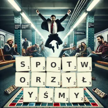 Kreatywna ilustracja do gry w Scrabble ze słowem SPOTWORZYŁYŚMY ułożonym z płytek na planszy.
