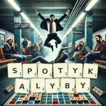 Kreatywna ilustracja do gry w Scrabble ze słowem SPOTYKALYBY ułożonym z płytek na planszy.