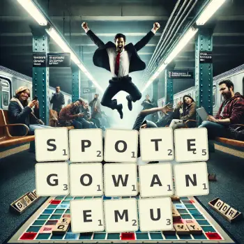 Kreatywna ilustracja do gry w Scrabble ze słowem SPOTĘGOWANEMU ułożonym z płytek na planszy.