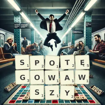 Kreatywna ilustracja do gry w Scrabble ze słowem SPOTĘGOWAWSZY ułożonym z płytek na planszy.