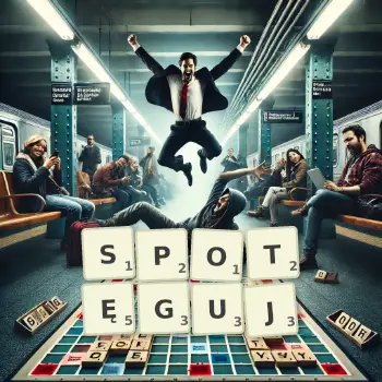 Kreatywna ilustracja do gry w Scrabble ze słowem SPOTĘGUJ ułożonym z płytek na planszy.