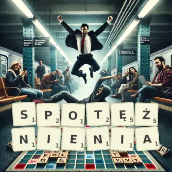 Kreatywna ilustracja do gry w Scrabble ze słowem SPOTĘŻNIENIA ułożonym z płytek na planszy.