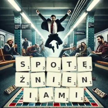 Kreatywna ilustracja do gry w Scrabble ze słowem SPOTĘŻNIENIAMI ułożonym z płytek na planszy.