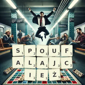 Kreatywna ilustracja do gry w Scrabble ze słowem SPOUFALAJCIEŻ ułożonym z płytek na planszy.