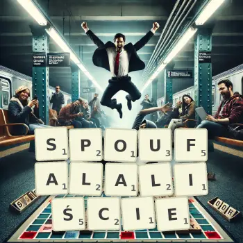 Kreatywna ilustracja do gry w Scrabble ze słowem SPOUFALALIŚCIE ułożonym z płytek na planszy.