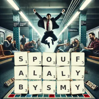 Kreatywna ilustracja do gry w Scrabble ze słowem SPOUFALALYBYSMY ułożonym z płytek na planszy.