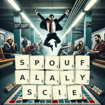 Kreatywna ilustracja do gry w Scrabble ze słowem SPOUFALALYSCIE ułożonym z płytek na planszy.