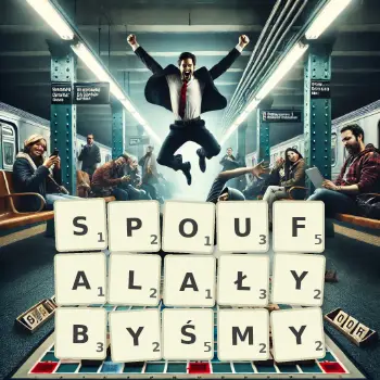 Kreatywna ilustracja do gry w Scrabble ze słowem SPOUFALAŁYBYŚMY ułożonym z płytek na planszy.
