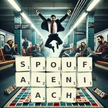 Kreatywna ilustracja do gry w Scrabble ze słowem SPOUFALENIACH ułożonym z płytek na planszy.