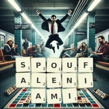 Kreatywna ilustracja do gry w Scrabble ze słowem SPOUFALENIAMI ułożonym z płytek na planszy.