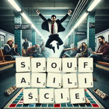 Kreatywna ilustracja do gry w Scrabble ze słowem SPOUFALILIŚCIE ułożonym z płytek na planszy.