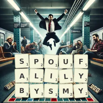 Kreatywna ilustracja do gry w Scrabble ze słowem SPOUFALILYBYSMY ułożonym z płytek na planszy.